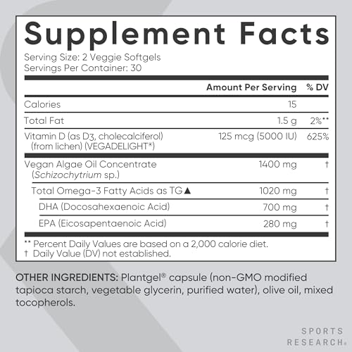 Image of Sports Research Vegan Omega-3 with Vitamin D3 Softgels - 1020mg Omega-3 & 5000iu D3 Supplement - Fish Oil Alternative with Vitamin D Plant-Based Support from Algae Oil - 60 Veggie Softgels for Adults