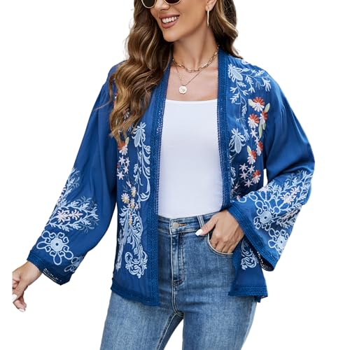 Bohemian Floral Emboridery Blouse Fou Women Kimono Cardigan, Open Front Mexican Long Sleeve (619-Blue, Small)