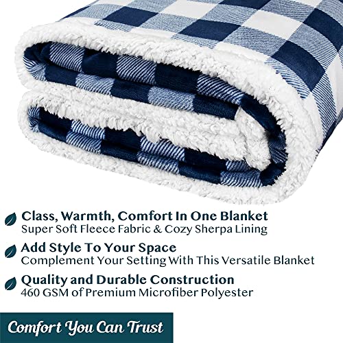 Pavilia Buffalo Plaid Sherpa Blanket Throw | Fuzzy White Navy Blue Checkered Flannel Fleece Blanket For Couch Bed | Fluffy Warm Soft Plush Microfiber Blanket | 50X60 #TOP4