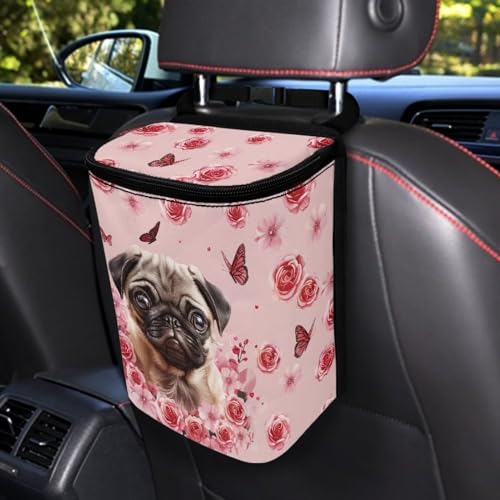 Image of Talayituse Pug Dog Flower Print Car Trash Can, Portable Auto Garbage Bin Multifunctional Vehicle Interior Accessories with Adjustable Straps Universal Fit Truck SUV Sedan