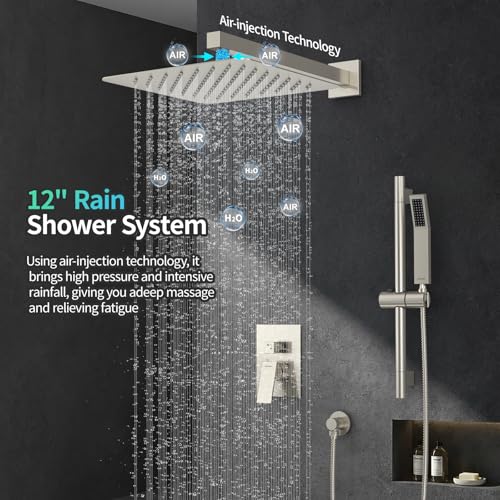 Image of SR SUN RISE 12 Inch Square Shower System with Slide Bar,Brushed Nickel