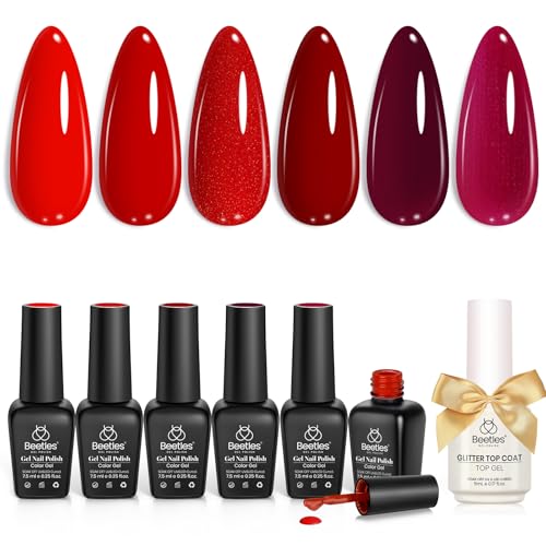 Image of Beetles Red Gel Nail Polish Set with Top Coat, Gel Polish 6 Colors Popular Shimmer Red Burgundy Nail Art Design Soak Off Uv LED Minicure DIY Home Gifts for Women