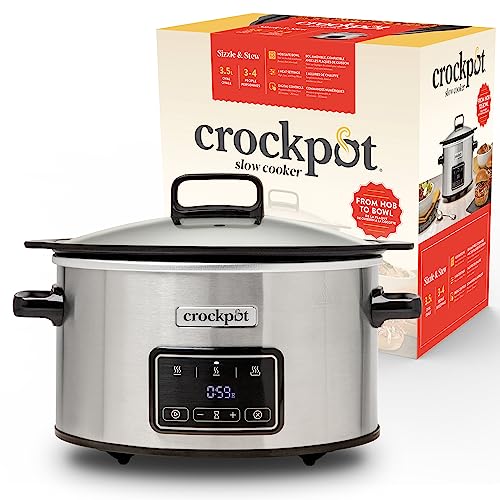 Crockpot Sizzle & Stew Digital Slow Cooker | 3,5 L (3-4 Personen) | Abnehmbare induktionsgeeignete Schüssel für Fleisch und Gemüse | EU 2 Pin Stecker | Edelstahl [CSC111X]