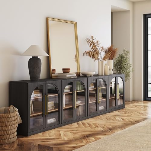 Image of BELLEZE 2-Piece 65 inch Arched Sideboard with Glass Door, Accent Buffet Cabinet with Storage and Adjustable Shelves, Classic Modern Large Console for Living Room Kitchen Entryway (Ebony)