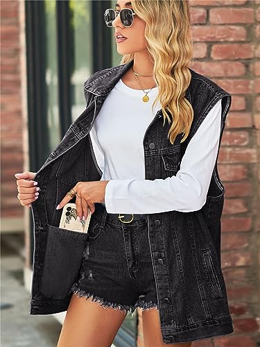 Image of PAODIKUAI Women's Oversized Denim Vest - Sleeveless Distressed Jean Vest with Pockets for Casual Layering