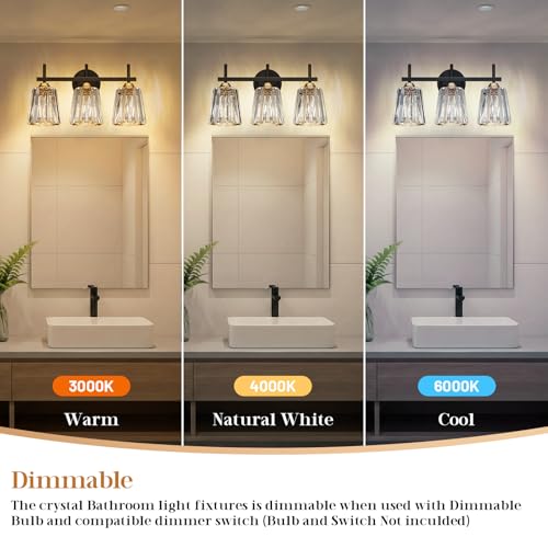 Image of Crystal Bathroom Light Fixtures Over Mirror, Black Gold 3-Light Bathroom Vanity Lights Over Mirror Modern Wall Lighting Sconces with Ceramic E26 Base (Bulbs Not Include)