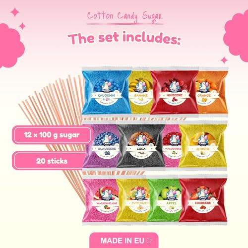 CANDY LAMA Zuckerwatte Zucker Set 12 x 100g Partyset - inkl. 20 Zuckerwattestäbe - 12 Geschmacksrichtungen für alle Zuckerwattemaschinen - Made in EU