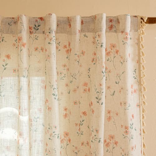 Image of MYSKY HOME Boho Linen Floral Curtains 63 inch Long for Girls Bedroom Vintage Farmhouse Pink Printed Semi Sheer Light Filtering Back Tab Rod Pocket Drapes with Tassels, Each Panel 50 inch W, 2 Pcs, Pink