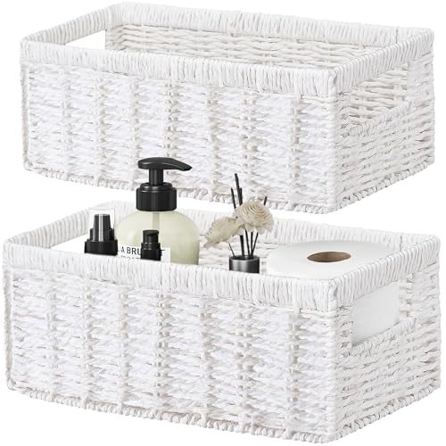 Vagusicc Wicker Storage Basket, Set of 2 Hand-Woven Paper Rope Wicker Baskets for Organizing Decor Storage Bins for Counter Shelves Pantry Basket Small Toilet Paper Basket for Toilet Tank Top, White by Vagusicc - Used condition - US$22.49