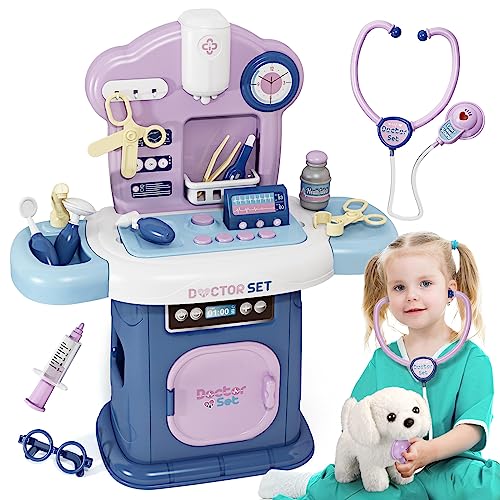 Jovow Toy Doctor Kit for Kids, Pet Care Play Set with Dog Doll, Stethoscope & Accessories, 26 Pcs Vet Toys for Kids with Sound and Light Functions, Kids Doctor Kit for Toddlers 3-5 Birthday Gift
