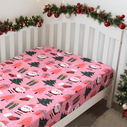 Image of Christmas Crib Sheet, Baby Fitted Crib Sheet with Santa Claus, Christmas Trees, Gifts, Measuring 52 inch x 28 inch to fit Standard Crib and Toddler Mattresses, Pink