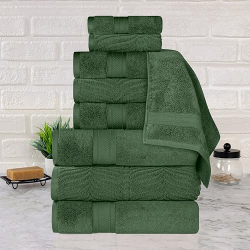 SUPERIOR Cotton Chevron 9-Piece Towel Set, Zero Twist, Quick Dry, Home Essentials, Shower, Spa, Luxury Plush Soft Absorbent Towels, 3 Bath, 3 Hand, 3 Washcloth/Face Towels, Forest Green