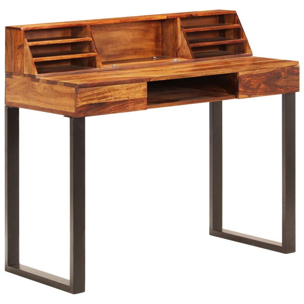 Scrivania in legno massello di acacia e acciaio, 110 x 50 x 94 cm, con cassetto, libreria, ripiano per tastiera, ideale come scrivania per computer, postazione di lavoro per ufficio o soluzione