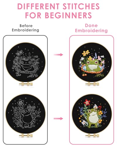 Image of TINDTOP 2 Pack Embroidery Kit for Adult, Embroidery DIY Starter Kit, with Stamped Patterns, Hoop, Tools, Colorful Threads with Needles, Instructions (Frog) | with Stamped Patterns, Hoop, Tools, Colorful Threads with Needles, Instructions (Frog)