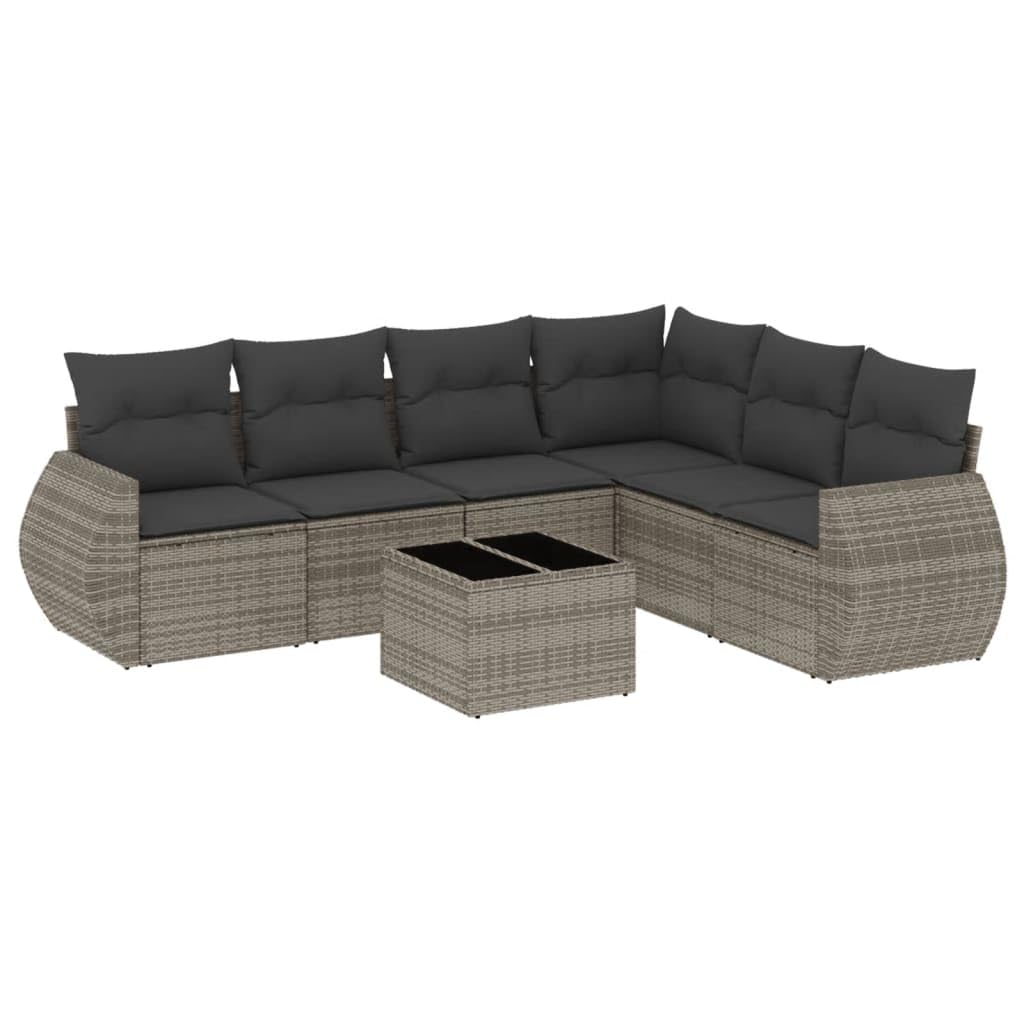 7-częściowy zestaw mebli ogrodowych z poduszkami, szary, polirattan, odporny na działanie promieni UV, modułowy design, na taras, balkon, meble outdoorowe, łatwy w pielęgnacji