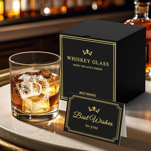 Image of Personalized Whiskey Glasses Gifts for Men, Monogrammed Engraved A-Z 10.6 oz Rocks Glass Customized Gift, Unique Christmas Birthday Gifts for Men Him Dad Husband Brother Son (D)