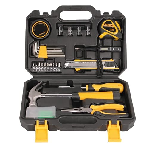 Ljyjl 28 Piece Tool Set General Household Hand Tool Kit,Screwdrivers, Sockets, Hex Keys, Hammer, Pliers, Tape Measure,Utility Knife And More,With Plastic Toolbox Storage Case #TOP8