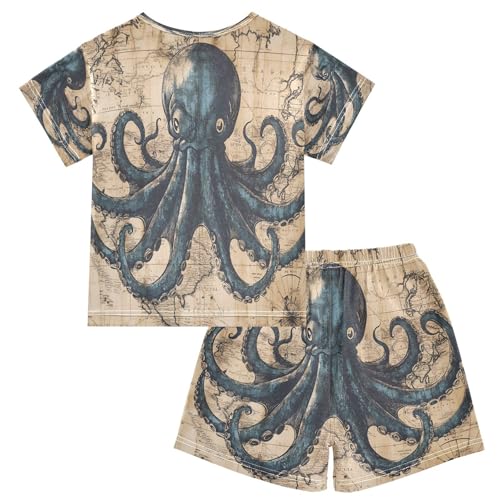 ALAZA Octopus Nautical Map Vintage Stylish Pajamas Set Short Sleeve Cotton Sleepwear Summer Pjs 2 Piece 5-14Y2