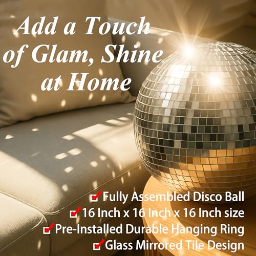 Image of 16-Inch Mirrored Silver Disco Ball - Large Hanging Party Decoration for Weddings & Events - Table Display & Ornament