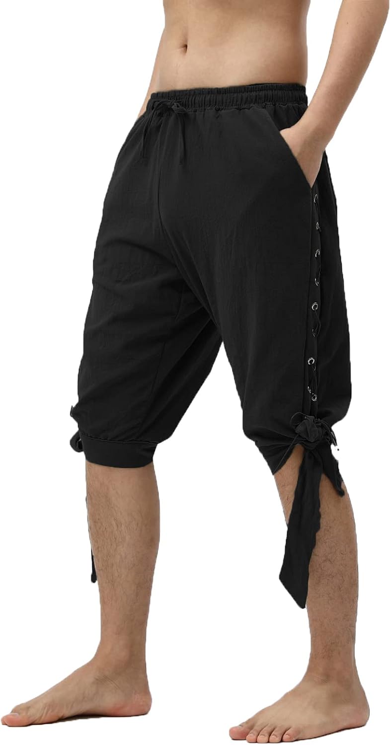 Men's Pirate Shorts- Renaissance Costume Trousers- Medieval Retro Pants -Viking Shorts(Black,M)