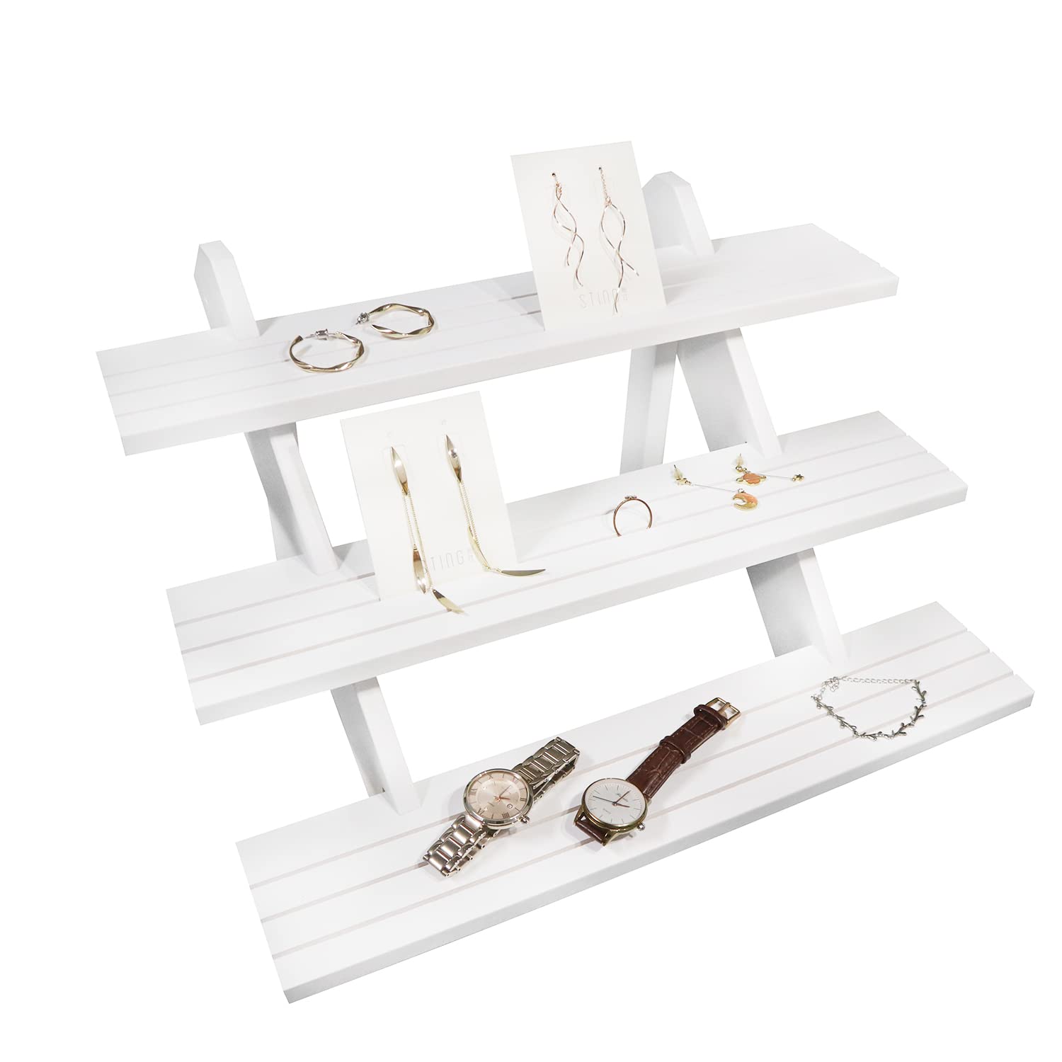 NAJMECHOY Retail Display Riser Earring & Ring Holder Brown Wood Stand Storage Shelf Rack Jewelry Rack Desktop Display Cup Rack Simple Frame (3-