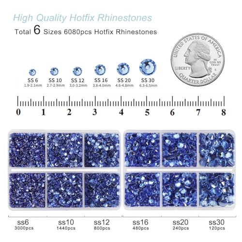 Image of BEADSLAND Hotfix Rhinestones, 6080PCS Light Blue Rhinestones for Clothes Crafts Mixed 6 Sizes with Wax Pencil and Tweezers Kit, SS6-SS30, Light Sapphire
