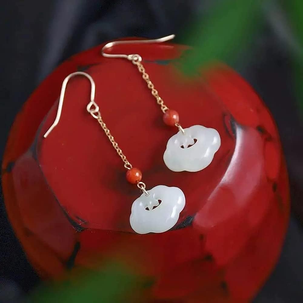 Chinese Retro Natural White Jade Ruyi Earrings Lucky Amulet Woman Fashion Jewelry