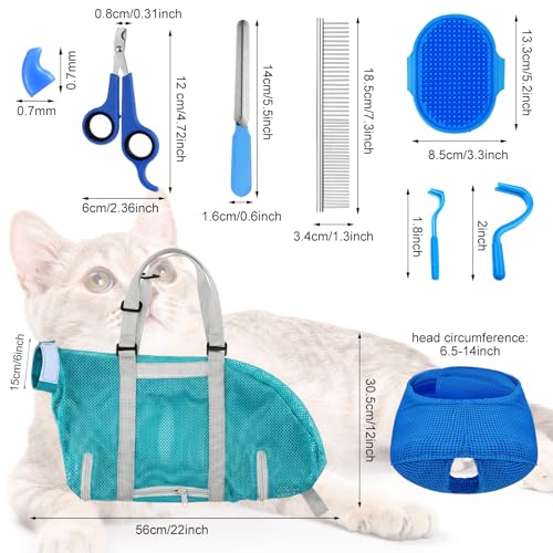 Image of 9 Pcs Cat Bathing Bag Set Shower Bag Anti Bite and Scratch for Pet Grooming Washing Comb Muzzle Nail Clipper Nail File Tick Tool (Sky Blue)