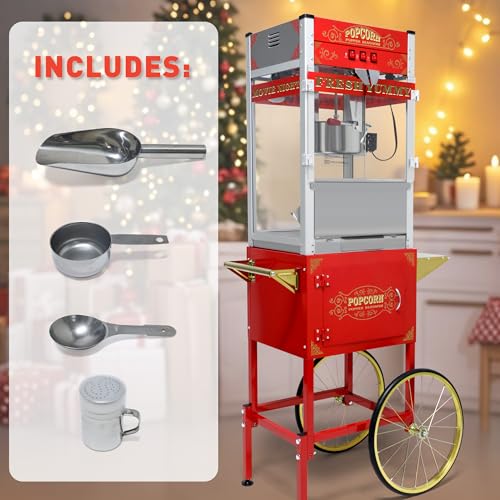 Image of 24OZ Commercial Popcorn Machine with Cart - Retro Theater Style Popper Makes 100 Cups Per Batch, Stainless Steel Kettle & Wheels, for School,Church,Carnival,Birthday Parties,Events,Movie Theater, Red