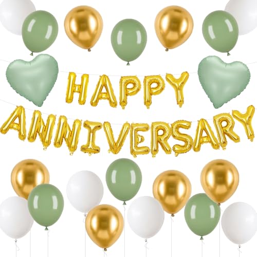 Anniversary Decorations Green Gold,Happy Anniversary Foil Balloon Banner with Confetti,Latex,Foil Heart Balloons for Celebrations Surprise Events Romantic Night Weddings