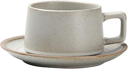 Taza de café pequeña de cerámica estilo vintage de 7.4 onzas, tazas de té de cerámica hechas a mano con asa, platillo y cuchara, perfecta para
