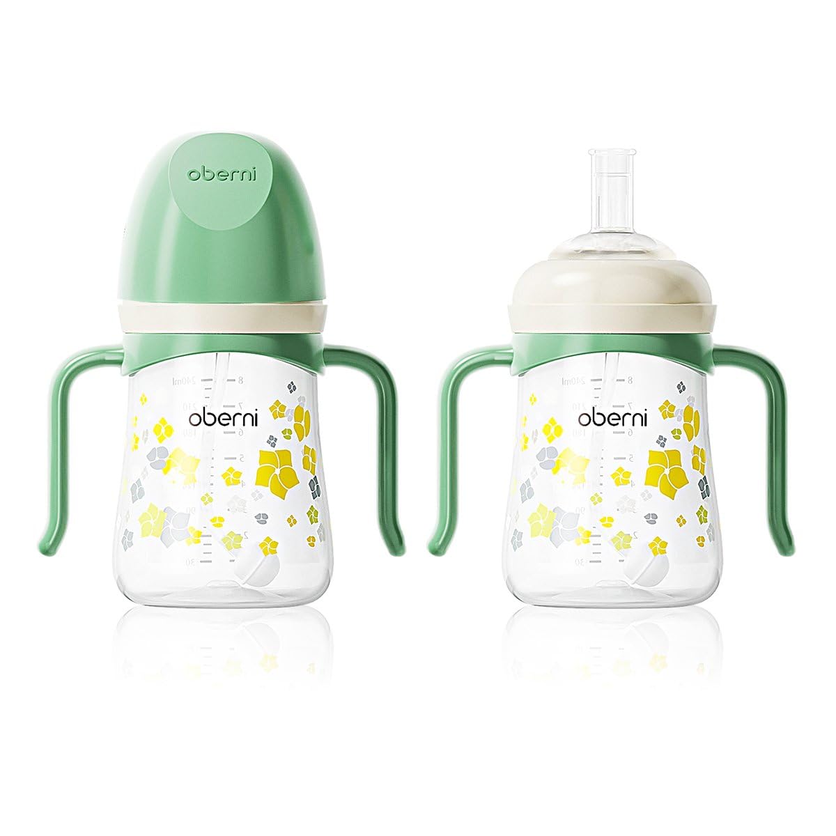 Oberni Non Spill Sippy Cup 300ml, Trinklernbecher auslaufsicherer für Kleinkind ab 6 Monate, BPA frei Trinkflasche, Baby Wasserflasche mit Strohhalm, Grün/2 Stück