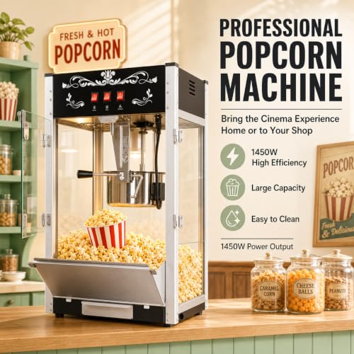 Image of Commercial Popcorn Machine With 20 OZ Kettle for Theater Style, Black | Countertop Popcorn Machine Stainless Steel, 3-Switch Control, for Home, Movie Night, Parties, Office, School, Business