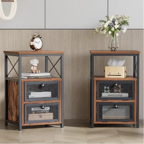 Image of VECELO Nightstand Set of 2, End Table with Flip Drawer, Modern Night Stand for Bedroom,Living Room, Office, Easy Assembly, Amber Brown