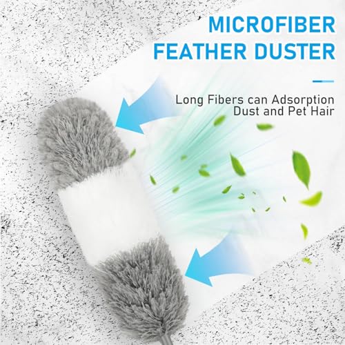 Image of Microfiber Feather Dusters for Cleaning, Duster with 100 inch Extension Pole, Cobweb Cleaner Duster Tools with 2 Microfiber Heads, Long Aluminum Telescoping Pole for Ceiling Fan Blinds Furniture Cars