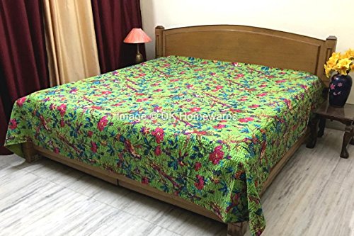 DK Homewares Indian Handmade Parrot Green Queen Size Bedspread Kids Room Cotton Kantha Work Bird Printed Hand Stitched (108 x 90) -Set of 1 Quilt Bedspread