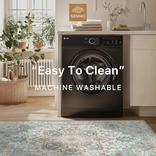 GENIMO 9x12 Area Rugs for Living Room, Machine Washable Non Slip Vintage Rugs, Low Pile Lightweight Chenille Print Rug for Bedroom, Dining Room, Home Office, Cyan