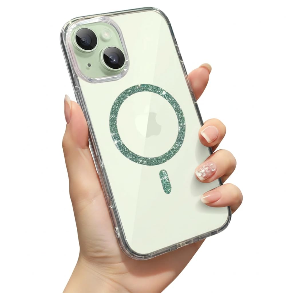 VONZEE Compatible for iPhone 15 Plus 6.7'' Case Glitter Ring Cute Shiny Colorful Bling Case (Compatible with Magsafe) Transparent PC+TPU Glossy Shiny Cover for Girls Women,Green