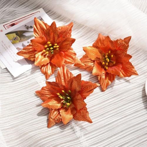 wenyouya Christmas Flower Decorations 10 Pack Glitter Poinsettia Ornaments 12.5cm Artificial Cloth Flowers for Christmas Tree Wreath Party Home Garden Wedding Holiday Decor(Orange)