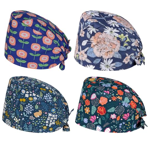 4 gorros quirúrgicos para mujer y hombre, tejido de algodón, estampado de flores, colorido, gorro de trabajo, gorro de enfermera, gorro de operación, gorro de trabajo, para médicos y enfermeras