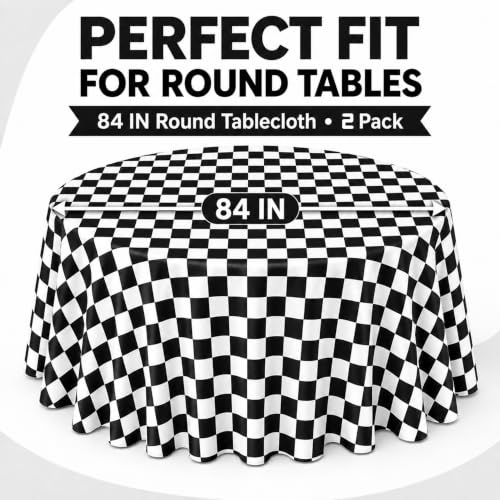 Image of 2 Pack Black and White Checkered Round Tablecloths, 84 Inch Plastic Covers