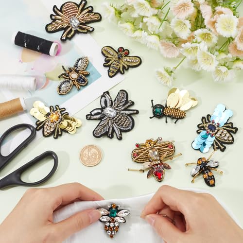 GORGECRAFT 10PCS 10 Styles Handmade Rhinestone Beaded Patches Bees Dragonfly Insect Sew on Crystal Pearl Sequin Patch Clothes Embroidery Applique for Clothing Bag Decorative Scrapbooking DIY Projects - Image 4