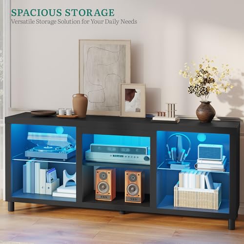 YITAHOME TV Schrank, Lowboard für 65 Zoll & kleinere TVs mit RGB LED-Beleuchtung, 148cm TV Board mit verstellbaren Glasböden, integriertes Kabelmanagement, Fernsehtisch für Wohnzimmer (Schwarz)