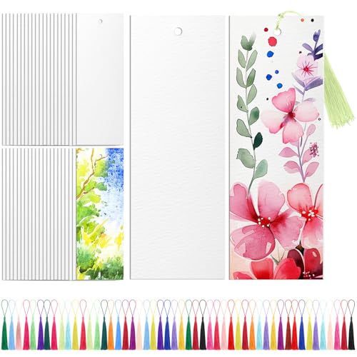Skyygemm 100 Pcs Watercolor Paper Blank Bookmarks with Colorful Tassels DIY Book Marks Kit Cotton Watercolor Paper Bookmarks with Hole Bookmark Pad for DIY Classroom and Gifts Tags 5.5 x 2 Inches