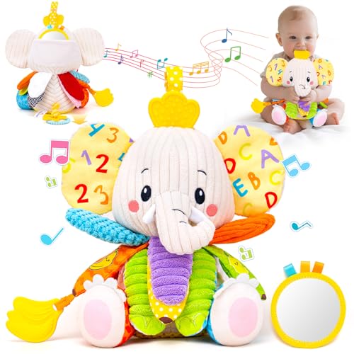 Image of Baby Toys 3-6 Months, Musical Stuffed Elephant Toddler Toy for Newborn Infant 3 6 9 12 Months, Tummy Time Toys Montessori Sensory Toys 0-6 6-12 Months, Crinkle Paper, Mirror Soothing Music Shower Gift