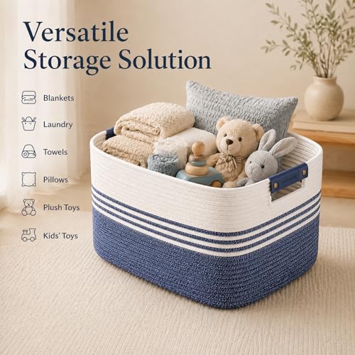 Image of Cotton Rope Laundry Basket Medium, 15.4GAL Collapsible Woven Storage Baskets for Living Room Kids Toys Stuffed Animal,Boho Rectangular Decorative Short Hamper for Dirty Clothes, Blankets Denim Blue