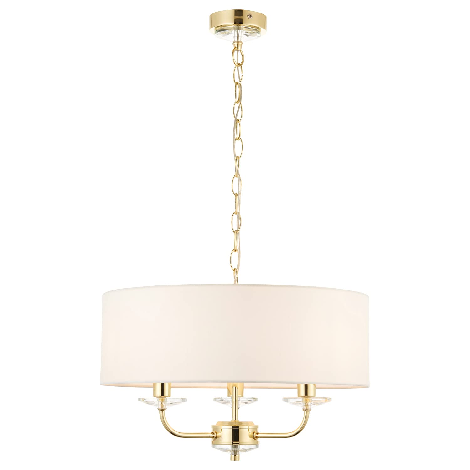 National Lighting Kennedy Modern Brass Multi Arm 3 Way Pendant Ceiling Light with Crystal Detail and White Fabric Shade
