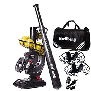 Electronic Baseball Pitching Machine Set, Adjustable Angles, Timer and Speed, AC Adapter or Battery Powered, Comes with Bat, 8 Dimpled Balls, 4 Extra Stackers and Carrying Bag Electronic Baseball Pitching Machine Set Adjustable Angles Timer and Speed AC Adapter or Battery Powered Comes with Bat 8 Dimpled Balls 4 Extra Stackers and Carrying Bag