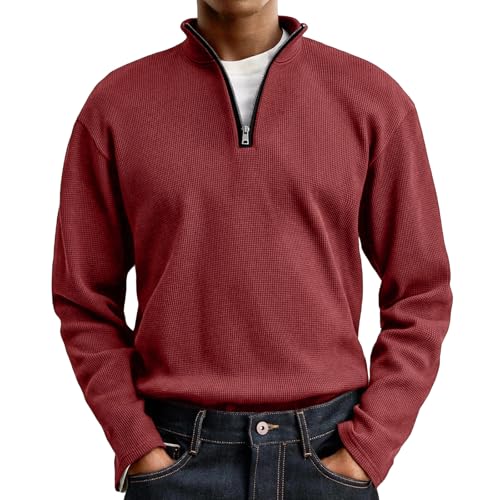 Quarter Zip Pullover Sweaters for Men Casual Mock Neck Winter Warm Long Sleeve Ribbed Polo Top
