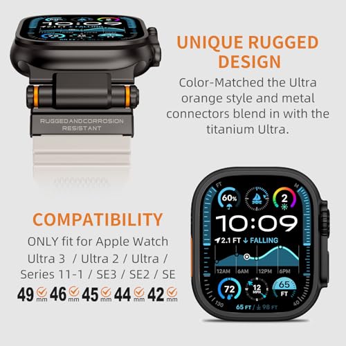 Image of FOAMUNOC Rugged Band Compatible with Apple Watch Ultra 3 /2 /1 Band 49mm /46mm /45mm /44mm /42mm, Metal Connector with Strap for iWatch Ultra Series 11 /10 /9 /8 /7 /6 /SE3 /SE2 /SE /5 /4 /3 /2 /1, Starlight /Black